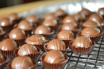 Sticker - filled chocolate bonbons on cooling racks