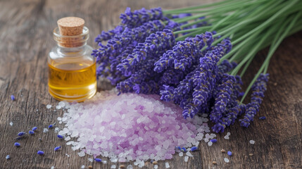 Bottle of essential oil and lavender flowers on light stone table. Lavender spa. Essential oils, sea salt,  towels and handmade soap. Natural herb cosmetic with lavender flowers. Aromatherapy oil 