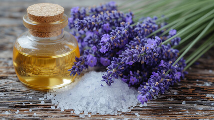 Bottle of essential oil and lavender flowers on light stone table. Lavender spa. Essential oils, sea salt,  towels and handmade soap. Natural herb cosmetic with lavender flowers. Aromatherapy oil 