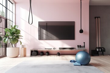 mockup of a television in a home gym with a pink mat and dumbbells