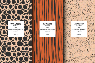 Wall Mural - Vector illustration set of templates contemporary abstract cover and patterns for nuts butter packaging with labels. Minimal modern backgrounds