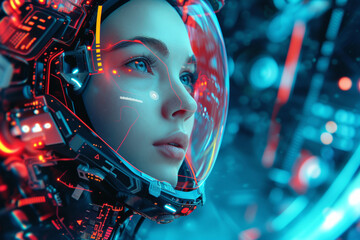 Poster - Experience the futuristic allure of a cyberpunk city with an attractive female cyborg, blending modern fashion, neon lights, and advanced technology in a visionary portrait of beauty and innovation.