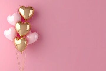 Wall Mural - Gold and pink balloons. Realistic rose 3d heart balloon. Helium balloon illustration on pink background.