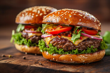 Wall Mural - Indulge in the deliciousness of an epicurean beef burger – a classic American favorite with juicy meat, melted cheese, fresh lettuce, and savory sauce, all nestled in a sesame-seed bun.
