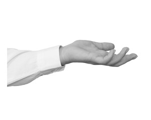 Wall Mural - Black and white hand in a white shirt holds something isolated on transparent background - element for collage