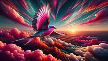 A Vibrant Bird With Berry Pink Plumage Soars Amidst Dynamic White Clouds Against A Sunset Sky.