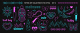Fototapeta  - Y2k neon tee print set 1 in 1999s 2000s style. Y2k opium style heart, butterfly, chain, heart, sallow, apparel printsdesign Goth Tattoo line art stickers. Printable vector designs