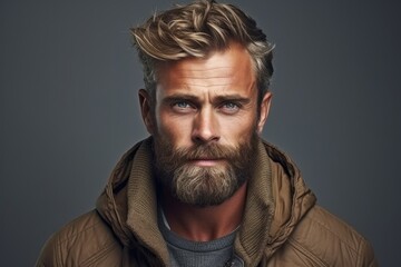 Wall Mural - A man with a beard is seen wearing a jacket in this straightforward and factual image.