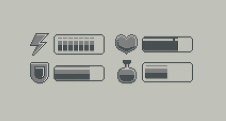 Canvas Print - Monochrome Pixel Battery charge scale icon. Health and Energy load bar. Energy, Mana, Armor, Health icon set in 8-bit retro game style. Retro pixel game or app interface elements and icons	
