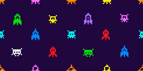 Poster - Vector Pixel Art 8-bit space arcade style seamless pattern colorful retro video game icons background of ufo aliens and spaceships