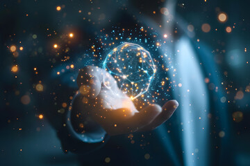 Poster - Glowing graphics, spheres, with links, in the hands of a businessman.