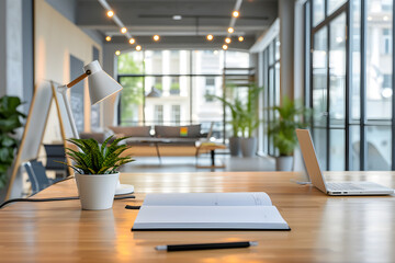 Poster - Contemporary Office Space with Minimalist Design, Wooden Furniture, and Ample Natural Light in an Empty Room