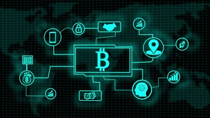 Bitcoin cryptocurrency abstract concept. 3D contour of Bitcoin currency icon on digital background. on world map.