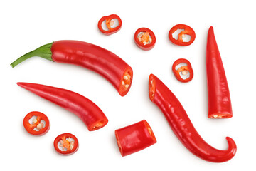 Wall Mural - red hot chili pepper with slices isolated on white background. Top view. Flat lay.