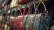 Close up of Luxury handbags in a fashion shop. generative ai