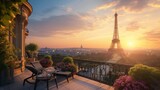 beautiful landscape of the eiffel tower on a beautiful sunset from a cozy balcony in high resolution