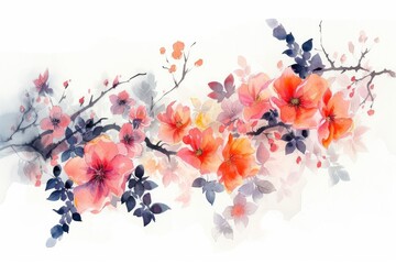 Wall Mural - Watercolor flowers on white background, theme spring.