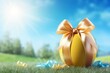 happy Easter gift and decorations. colorful egg with shiny ribbon bow on springtime meadow background. Template for label, gift greeting card, promotional banner or ticket price