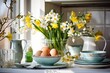 A bouquet of spring flowers and Easter eggs on the table in modern bright kitchen. Beautiful Happy Easter greeting card.