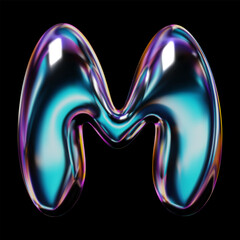 Wall Mural - 3D letter M from the English alphabet with a holographic glossy surface, Y2K balloon bubble design, rendered in smooth, transparent glass. Isolated vector for retro-futuristic 2000s themes