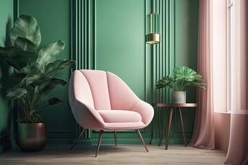 Wall Mural - Pink contemporary armchair in a room with a green wall and a wooden floor. Mockup of a bright room's interior. Mockup space is empty