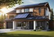 New suburban house with a photovoltaic system on the roof Modern eco friendly passive house with sol