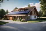 Fototapeta Sport - New suburban house with a photovoltaic system on the roof Modern eco friendly passive house with sol