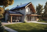 Fototapeta Sport - New suburban house with a photovoltaic system on the roof Modern eco friendly passive house with sol