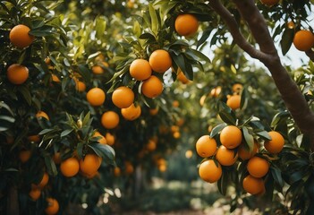 Wall Mural - Orange garden in sunny day Fresh ripe oranges hanging on trees in orange garden Details of Spain