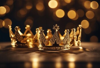 Three gold shiny crowns on festive background Three Kings day or Epiphany day holiday celebration ni