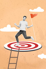 Poster - Creative collage picture illustration image monochrome effect excited happy young man climb stair target exclusive colorful empty template
