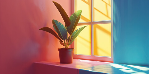 Wall Mural - 3D scene featuring a potted plant on a windowsill, with sunlight streaming through and casting shadows