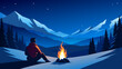 Solitary man enjoying peaceful campfire in snowy mountain landscape at night