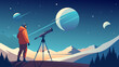 Astronomy enthusiast using telescope for stargazing in mountainous landscape vector illustration