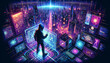 Illustration of a cyberpunk hacker in a virtual space, manipulating a complex network of holographic data streams. The setting includes a futuristic, Created by using generative AI tools	
