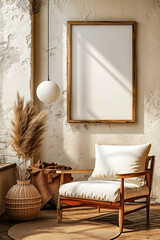 Poster - Chair with pillow on it sits next to wall hanging mirror and vase.