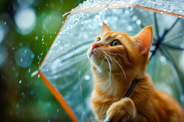 Canvas Print - Cat looking up at raindrop umbrella with green and blue spots.