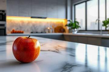 Single apple sits on marble countertop in kitchen with oven and two potted plants nearby.