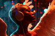 © ADDICTIVE STOCK - AI Generated Image of Androgenic short haired African American woman with headphones and angel wings enjoying music in night club