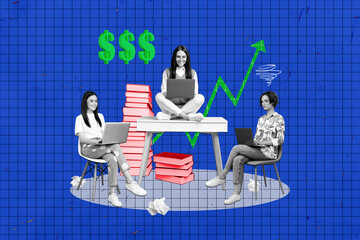 Poster - 3d retro abstract creative artwork template collage of busy ladies working in team achieving success together isolated blue color background