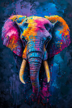 Image Of Elephant With Colorful Tusks And Vibrant Background.