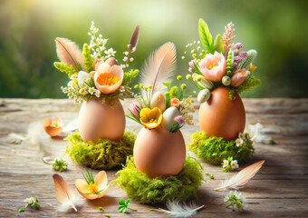 Wall Mural - Easter composition with small bouquets spring flowers and feathers in Easter eggs on moss. Easter handmade decoration for home.