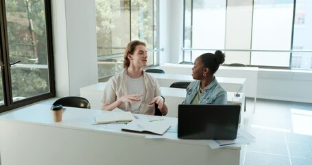 Aufkleber - Conversation, friends and students at desk in college, learning or education. Discussion, man and woman in university at table together, diversity of happy team by laptop and study knowledge in class