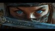 Close up portrait of female ninja face with blue eyes AI generated image