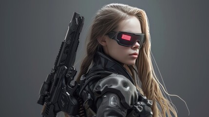 Wall Mural - Long haired female cyberpunk soldier, future character concept AI generated image