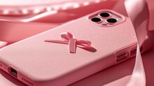 Woman Holding Pink Phone Case With Pink Ribbon, Breast Cancer