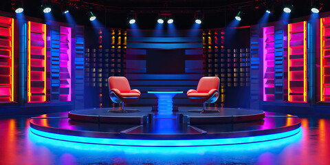 Wall Mural - Stage Set for Showbiz: An Empty Game Show Talk Show Set with Stage Lights, Chairs, and a Table, Evoking the Atmosphere of Television Production, Studio Ambiance, and Entertainment Setup