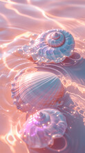 Pink Irridescent Sea Shells In Glistening Shallow Water With Pink Hues And Sunlight - Generative AI