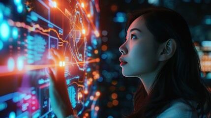 Asian woman is looking at holographic digital display, new technology concept