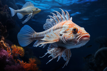 Lionfish swimming in the blue water. Underwater world. Hyper realistic illustration